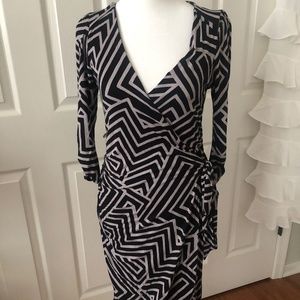 Bodycon Faux Wrap Tie Dress, Black & Gray, Geometric pattern